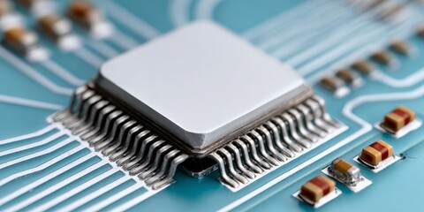 Detailed Closeup of a Complex Microchip Design Featuring Electronic Parts and Wiring on Blue Board