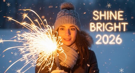 Excited woman celebrating New Year 2026 with sparkler in winter wonderland, radiating joy and festive cheer under a snowy sky, warm and inviting