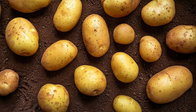 Yellow Dirty Potato Close Up Top View Background Texture Fresh Organic Potatoes Harvest On Soil Ground
