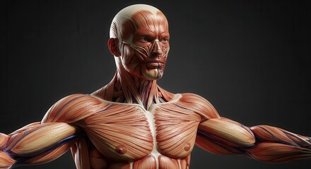 Detailed human anatomy showing muscle structure and vascular system for educational purposes or medical visualization, showcasing health and biological science