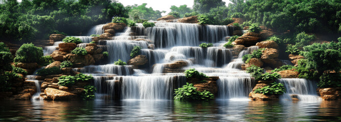 Obraz premium Beautiful cascading waterfall with lush greenery around