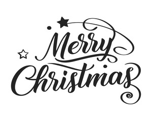 Merry Christmas Text with Swirls and Stars Black and White Holiday Season Celebration Card Design Template Isolated on White Background Festive Vector Illustration