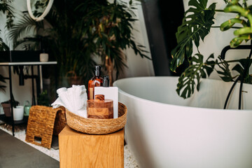 Spa Bathroom Decor with Natural Skincare Products and Green Plants