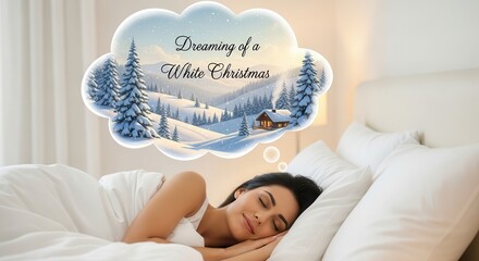 Cozy dreams of a white Christmas with snowy cabin scenery as a woman sleeps peacefully in bed, perfect for holiday marketing and winter promotions