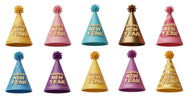 Colorful Happy New Year Party Hats Collection with Pom-Poms Isolated on White Background