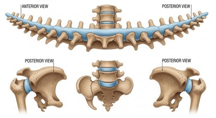 Detailed human spine and pelvic bone anatomy for medical education, showcasing anterior and posterior views, perfect for textbooks and healthcare promotions