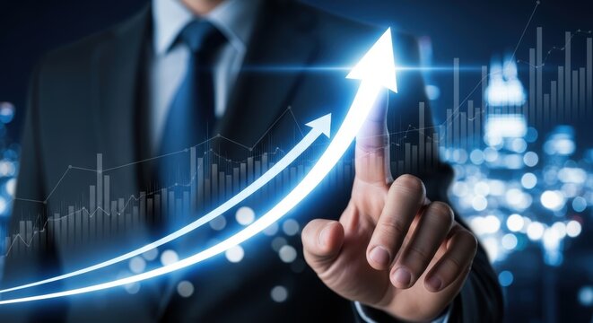 Businessman interacting with a digital interface showing upward trending financial data charts and growth arrows over a dark city skyline - Powered by Adobe