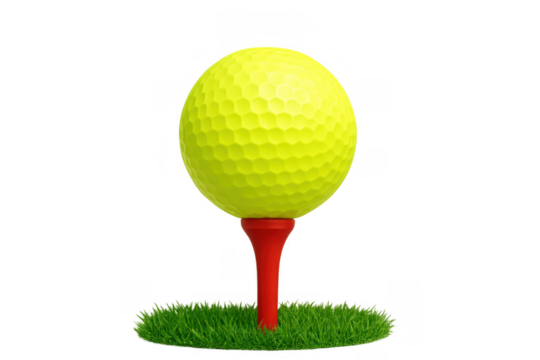 Bright yellow golf ball on red tee ready to be hit from green grass for sport competition on transparent background