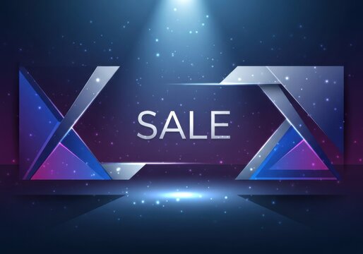 Futuristic geometric sale banner with neon purple and blue tones