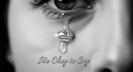 Striking monochrome image of a diamond tear falling from a woman's eye with a message of emotional acceptance and vulnerability, perfect for expressing empathy