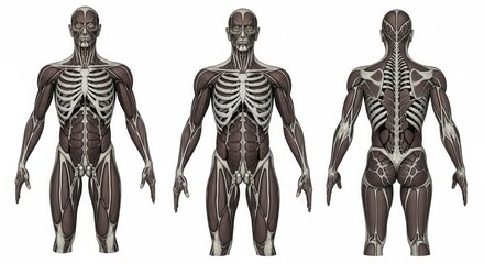 Detailed human anatomy illustration showcasing muscle structure and skeletal system from multiple angles for medical education and scientific research