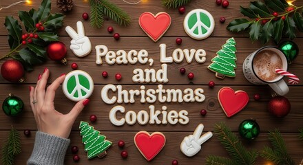 Spread the holiday cheer with peace, love, and Christmas cookies, perfect for festive social media posts or heartwarming holiday marketing campaigns