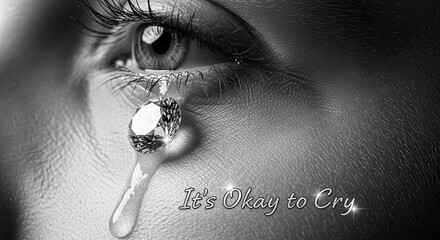 Empathetic grayscale portrait of a woman's eye with a sparkling diamond tear representing resilience, strength, and the beauty of vulnerability