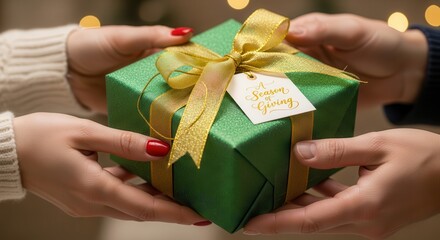 Spread holiday cheer presenting a beautifully wrapped green gift box tied with gold ribbon, evoking feelings of warmth and generosity this season