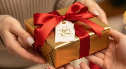 Golden gift wrapped in red ribbon for the holiday season is a perfect present for friends and family, creating moments of joy and connection