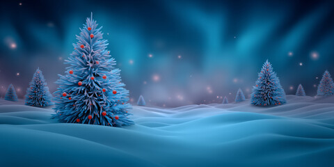 Magical winter landscape with snowy christmas trees and red ornaments