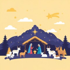 Obraz premium Classic Nativity scene with man and woman, holy family in a stable, with animals. Christmas celebration and religious concept.