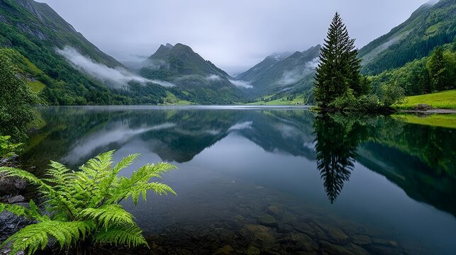 Stunning Alpine Landscape Featuring a Serene Lake, Misty Green Mountains, and Vibrant Nature Scenery - Powered by Adobe