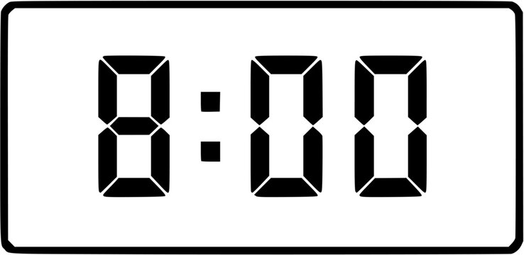 A black and white digital clock displaying eight o clock on a white background in a vector image

