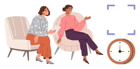 Two women in conversation, seated on modern chairs, emphasizing communication, planning, time management, productivity, collaboration, mentorship, goal setting with a simple flat metaphor