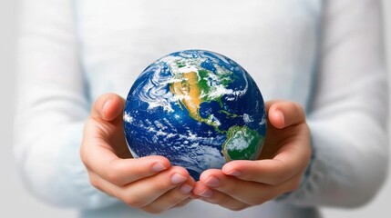 Hands Holding Earth Globe with Nature Elements, Symbolizing Global Unity and Environmental Care