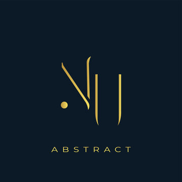 NU Abstract Golden Logo Design. Abstract Golden Symbol Composition on a Dark Navy Blue Background