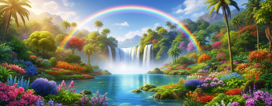 Lush Eden garden with a vibrant rainbow over a majestic waterfall and clear lake. Concept of paradise on earth, harmony, and natural beauty. Banner with copy space
