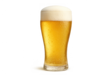 Glass of golden lager beer, topped with creamy white foam and refreshing condensation droplets, transparent background