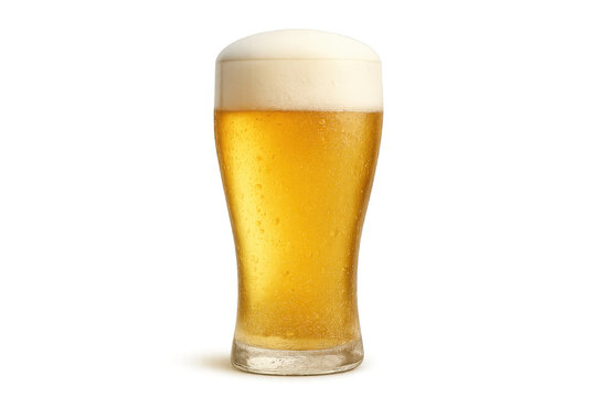 Glass of golden lager beer, topped with creamy white foam and refreshing condensation droplets, transparent background