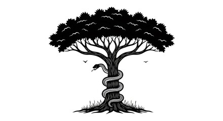 Tree of knowledge with serpent on trunk. Biblical garden of Eden. Fall from grace and original sin. Christian religion concept.