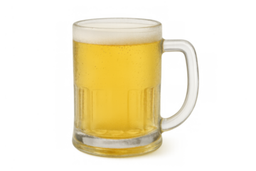 Glass mug of refreshing golden beer with white foam, condensation, and bubbles, cooling summer drink, beverage concept