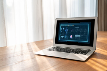 Fototapeta premium Medical science technology and futuristic healthcare virtual computer software analyze human health and diagnose disease for doctor data and medical research. brisk