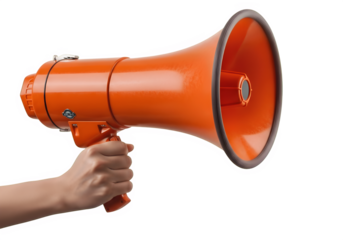 Hand Holding Large Orange Megaphone or Bullhorn to Speak Isolated on Transparent Background PNG
