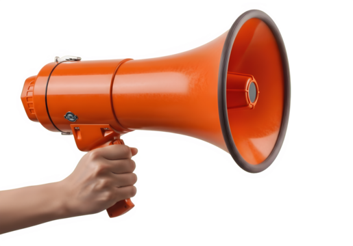 Hand Holding Large Orange Megaphone or Bullhorn to Speak Isolated on Transparent Background PNG