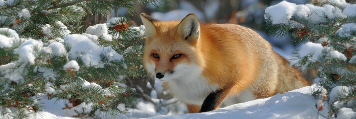 Obraz premium Stunning Winter Wildlife Scene Featuring a Red Fox Amidst Snow-Laden Evergreens in Nature