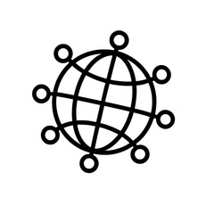 Thin-line globe with network nodes icon, slightly angled, transparent PNG, perfect for visuals on worldwide connectivity, global digital networks and international reach.