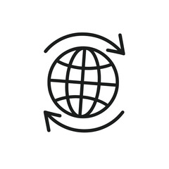 Thin-line globe with rotating arrows icon, slightly angled, transparent PNG, ideal for visuals about worldwide exchange, international workflow and global movement.