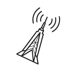 Thin-line futuristic signal tower icon, slightly angled, transparent PNG, ideal for visuals about advanced communication systems, smart city evolution and next-gen technology.