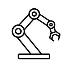 Thin-line robotic arm icon with articulated joints, slightly angled, transparent PNG, ideal for visuals on automation, industrial innovation and future high-tech solutions.