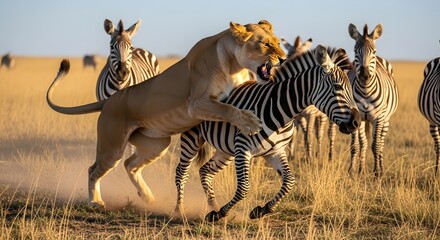 Obraz premium Lioness attacks zebra in the African savanna 02