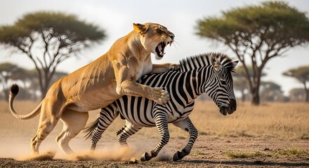 Lioness attacks zebra in the African savanna 03