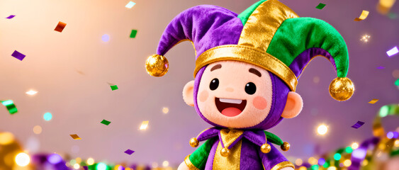 Fototapeta premium Jester Character with Friendly Expression for Mardi Gras, Floating Confetti in Blurred Background
