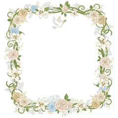Obraz premium Square floral frame with dove holding an olive branch. Christian baptism, First Communion, Confirmation, wedding, Easter concept.