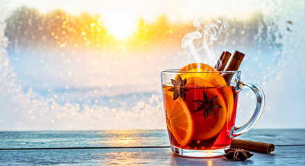 Glass Mug os Mulled Wine with Spices near a Frosted Window with Winter Solstice Low Sun Glow Through