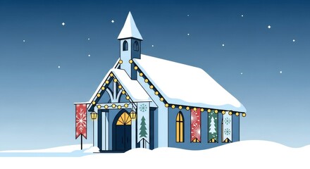 Church covered in snow, decorated with festive lights and banners, creating a cozy winter scene. Christmas holiday greeting card.