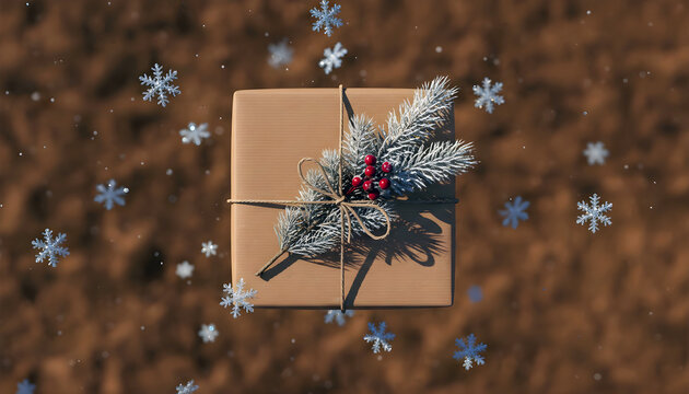 Kraft gift box with frosted pine branch and red berries, top view Christmas present with snowflakesKraft gift box with frosted pine branch and red berries, top view Christmas present with snowflakes - Powered by Adobe