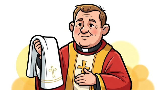 Caucasian man priest or pastor with a benevolent smile, dressed in a red and gold liturgical vestment, holding a white cloth with a golden cross for religious rites.