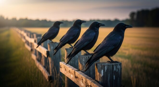 Four black raven birds sitting on a wooden fence post in a long row with a blurry field background at sunrise. - Powered by Adobe
