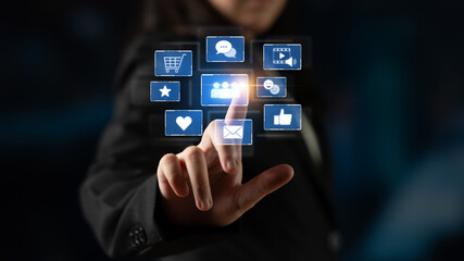 Icons representing social media interaction, communication, and engagement. Social media builds community, social media drives connection, and social media influences behavior. Latch