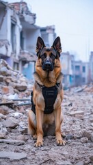 German shepherd dog in tactical vest amidst rubble, search and rescue environments, disaster response operations, ruins background, emergency services, rubble detection expertise, canine units